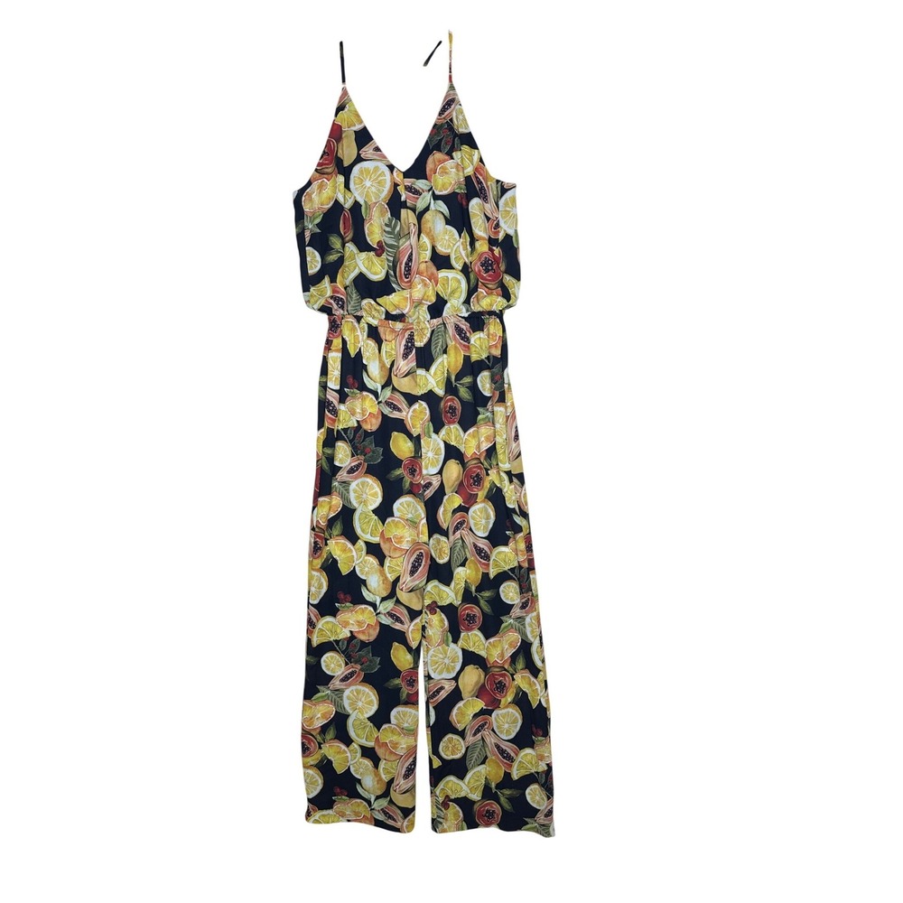 Giani Bini Tropical Lemon/Fruit Print Resort Spaghetti Strap Jumpsuit size Med